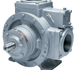 Industrial gear reducer with input shaft on the left and flanged output on the right, used to reduce speed and increase torque in machinery.