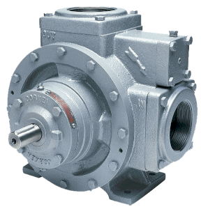Industrial gear reducer with input shaft on the left and flanged output on the right, used to reduce speed and increase torque in machinery.