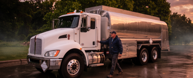 White tanker truck parked on a wet road at sunset with a man in a navy jacket walking beside it