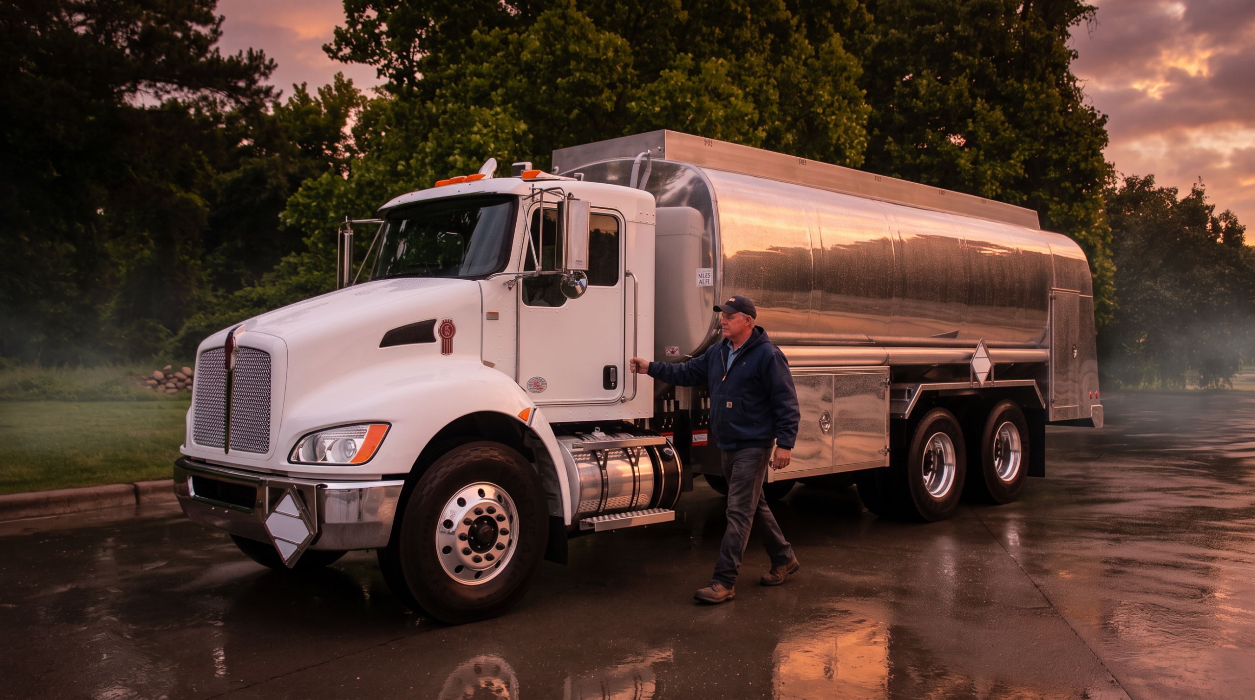 White tanker truck parked on a wet road at sunset with a man in a navy jacket walking beside it