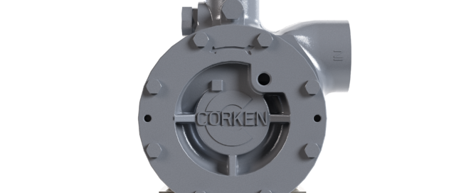 Industrial pump component with bolts and inlet/outlet ports; CORKEN logo on front flange.