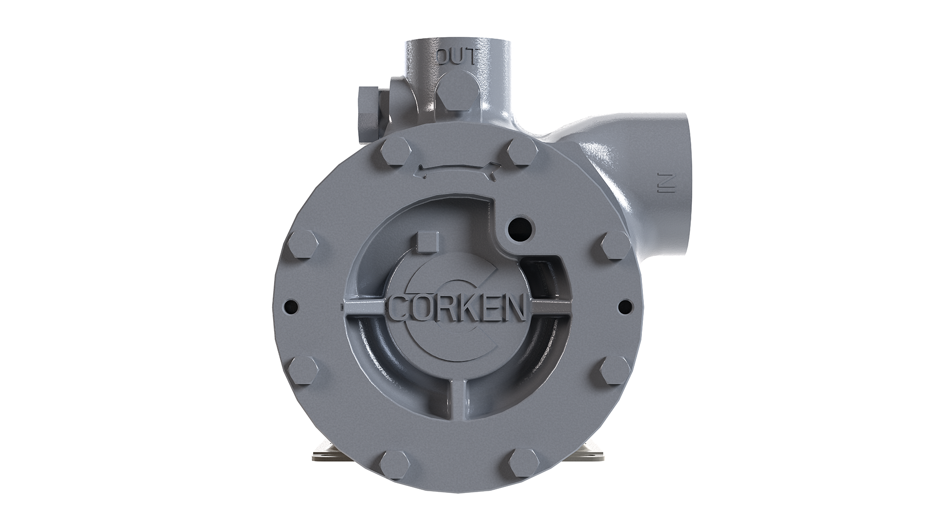 Industrial pump component with bolts and inlet/outlet ports; CORKEN logo on front flange.