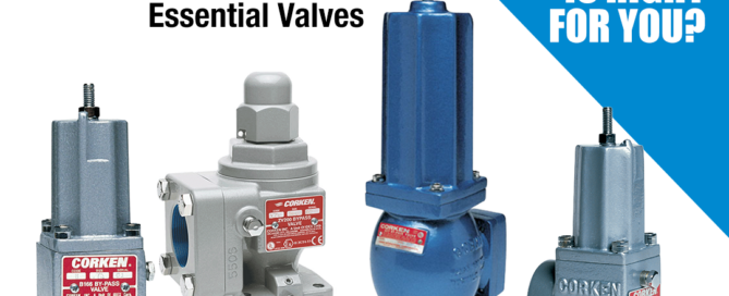CORKEN Essential Valves logo with four industrial valves lined up on white, and a blue diagonal banner reading 'Which one is right for you?'