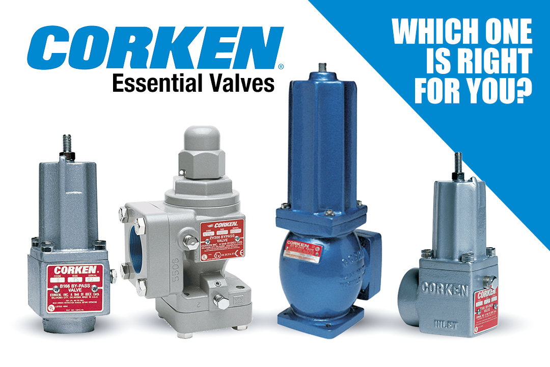 CORKEN Essential Valves logo with four industrial valves lined up on white, and a blue diagonal banner reading 'Which one is right for you?'