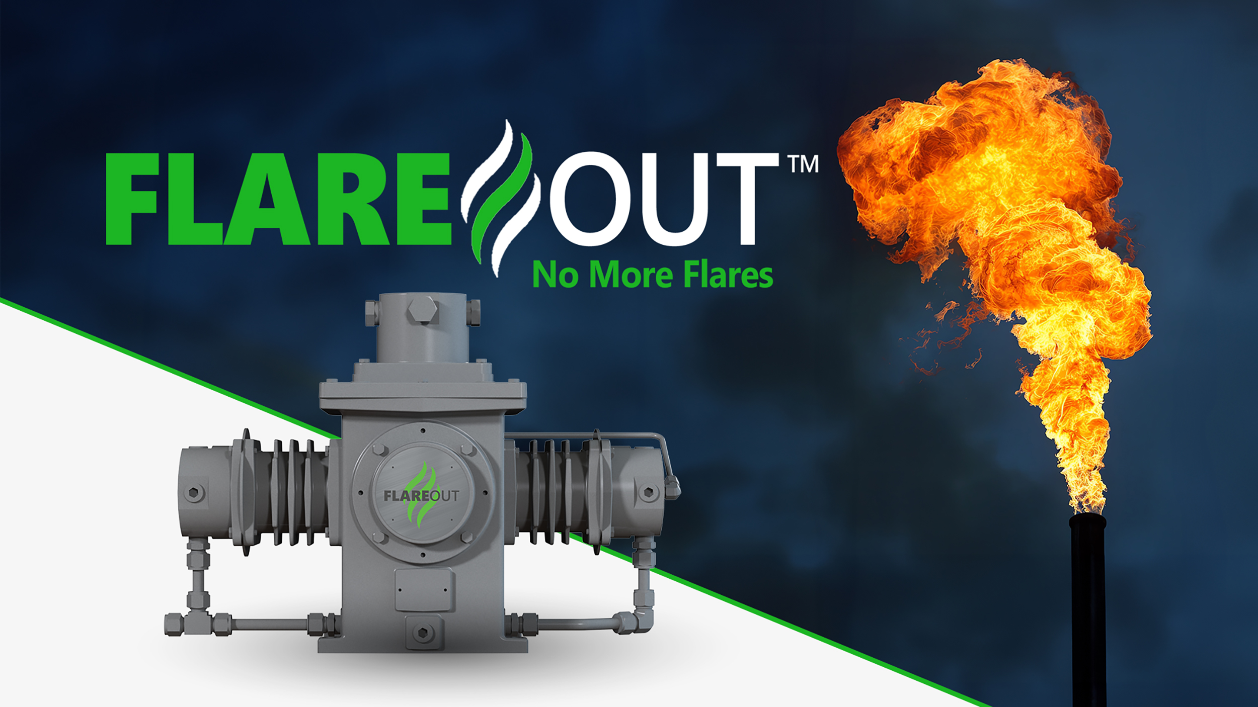 Promotional banner showing a gray industrial valve with the FlareOut logo and a large orange flame on the right.