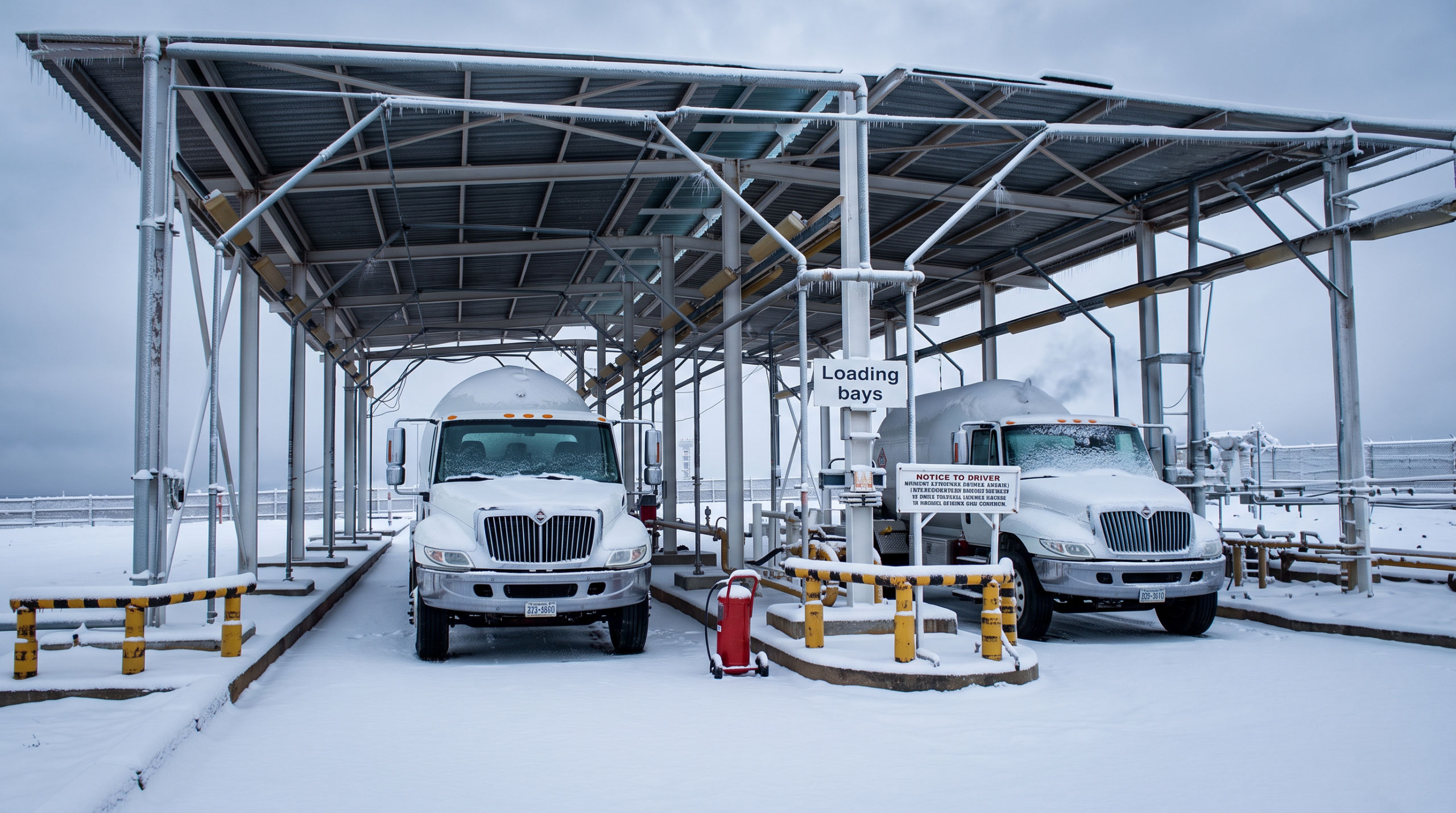 Snow-covered loading bays with two white trucks under a metal canopy; icicles hang from the roof in a cold industrial site.