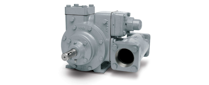 Gray industrial gear pump with drive shaft exposed on the left and mounting flange on the right, used for fluid transfer