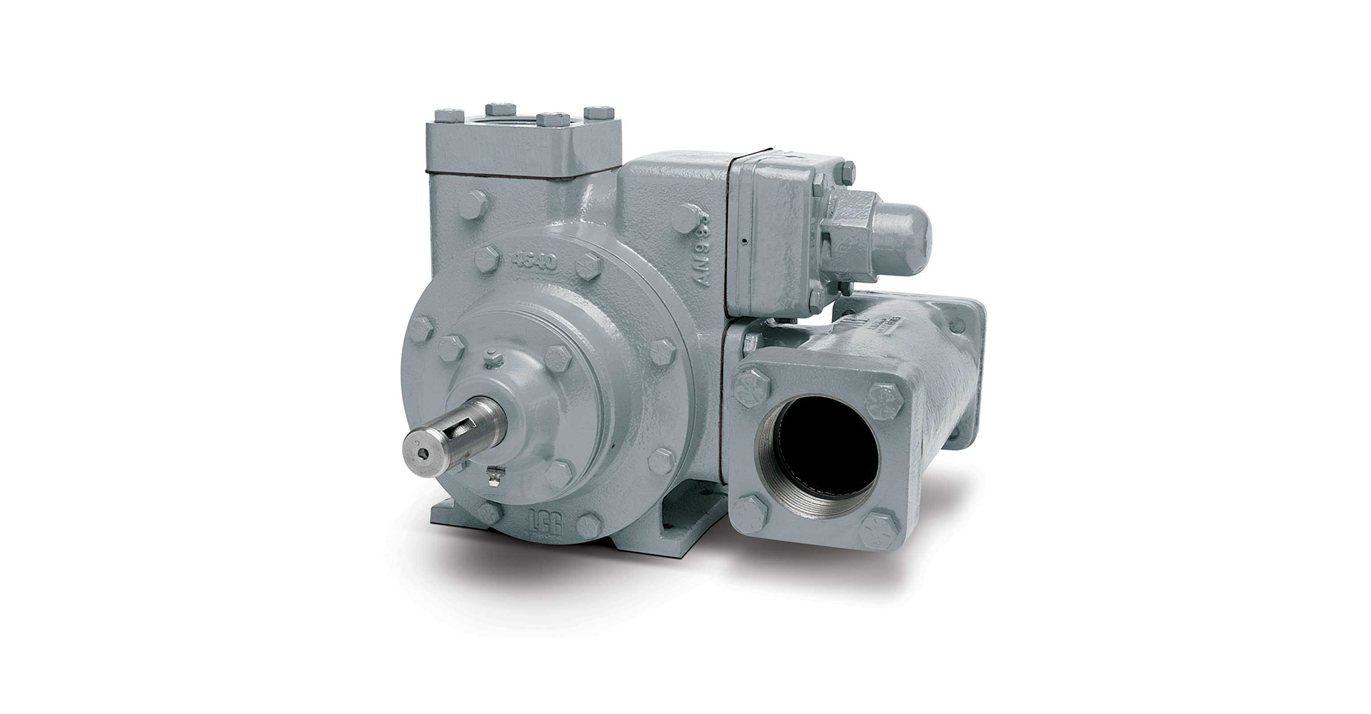 Gray industrial gear pump with drive shaft exposed on the left and mounting flange on the right, used for fluid transfer