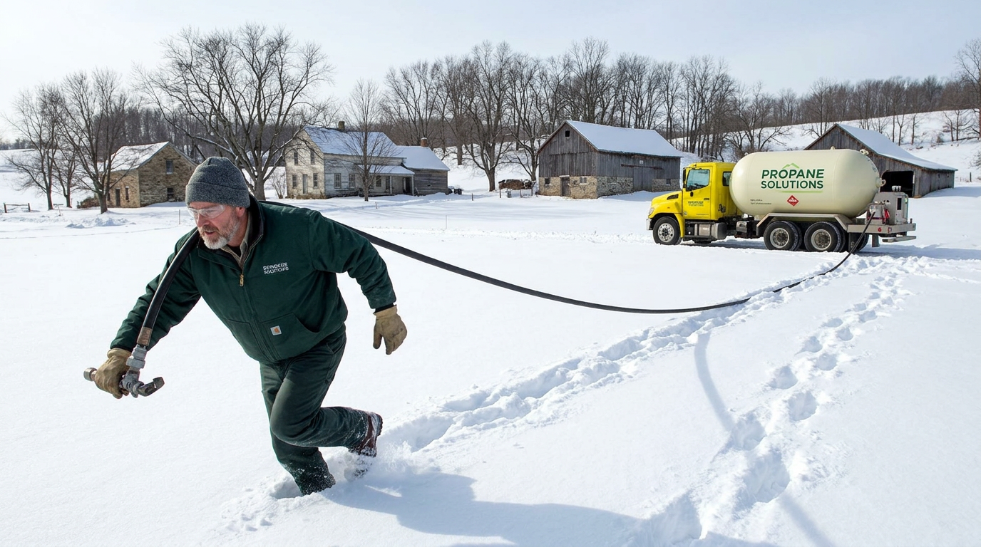 Worker in a green jacket and gray beanie pulling a hose from a yellow propane tanker through deep snow in a rural farm setting.
