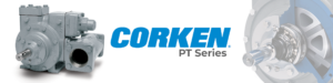 Industrial pump assembly on the left with the blue CORKEN PT Series logo centered between components on a white background.